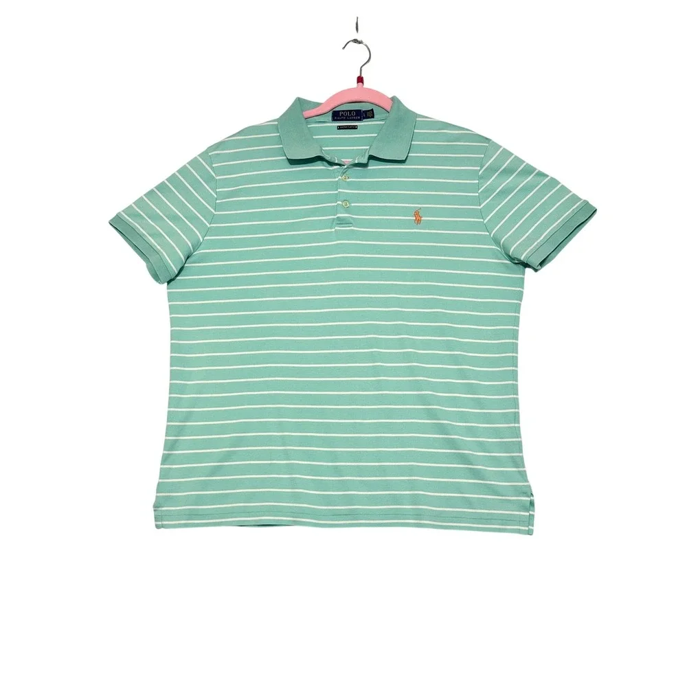 Polo Ralph Lauren Mens L Soft Slim Fit Stripe Polo Shirt Seafoam Green Excellent